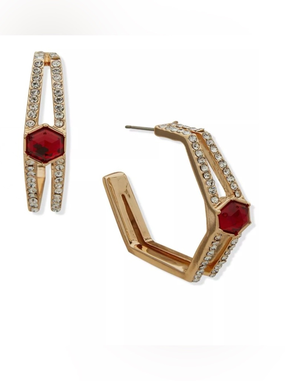Anne Klein Gold Tone Hexagonal Hoop Earrings with Red Accent